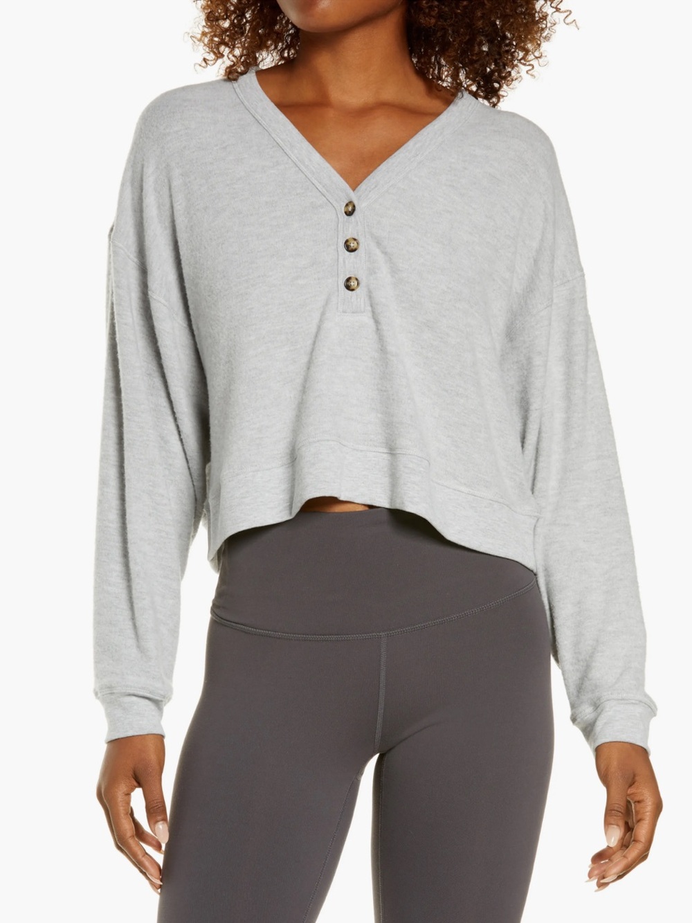 ALO Yoga Soho Henley Micro Waffle Pleasant Cropped Athletic Heather Grey Top S